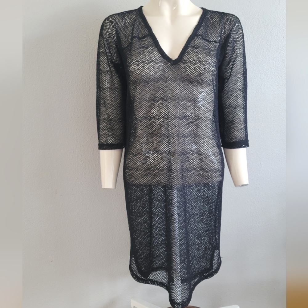 JORDAN TAYLOR Black Mesh Sequin Swim Cover Up Sheer Dress sz M